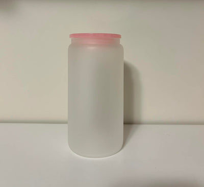 16oz Clear Frosted Glass Cup With Baby Pink Lid