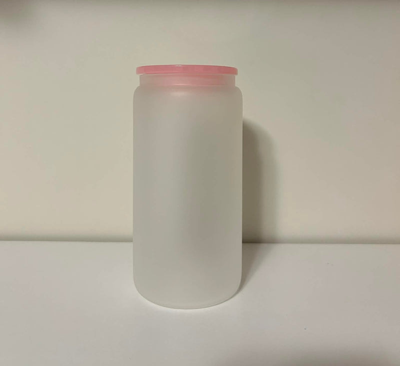 16oz Clear Frosted Glass Cup With Baby Pink Lid