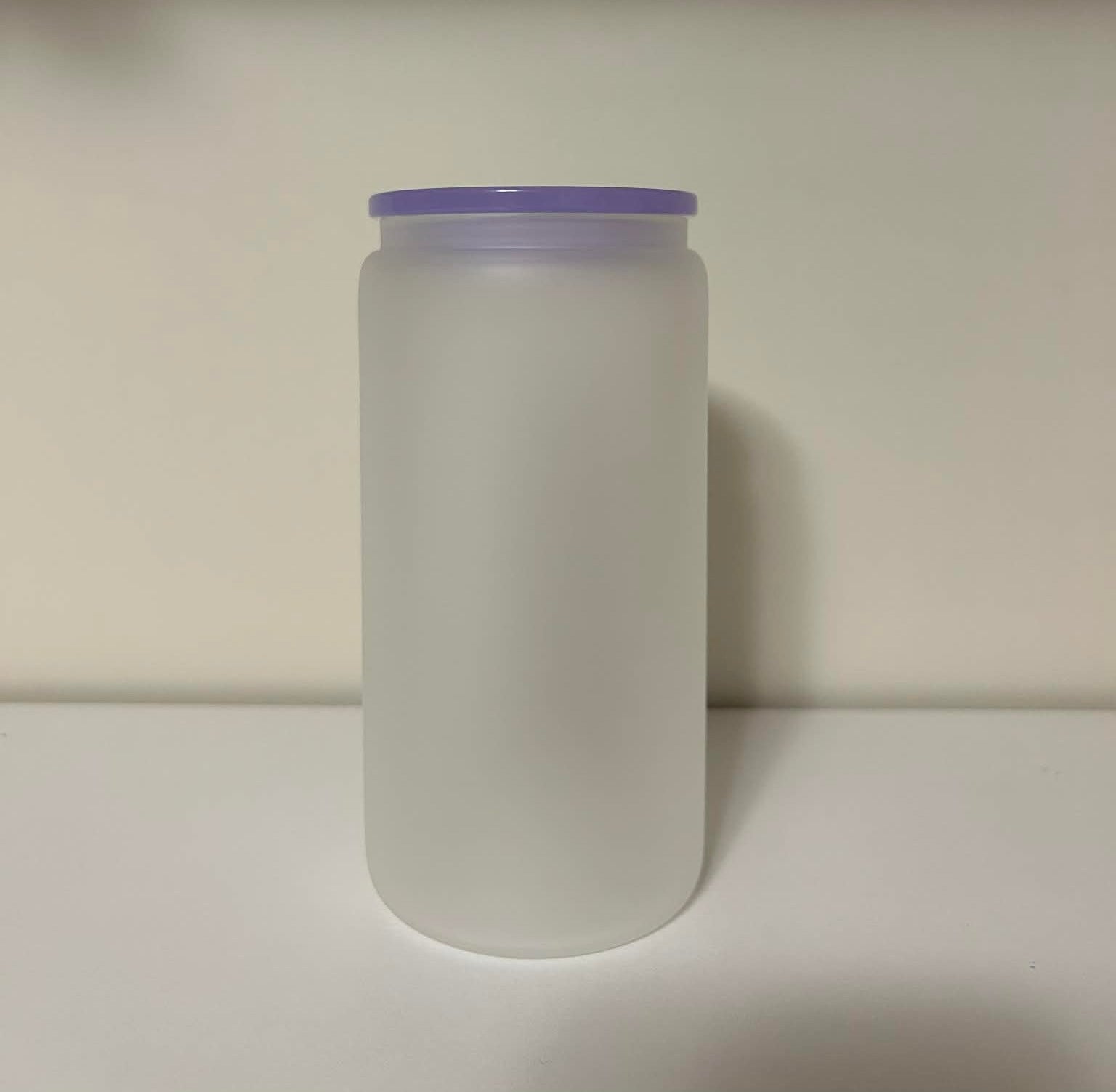 16oz Clear Frosted Glass Cup With Purple Lid