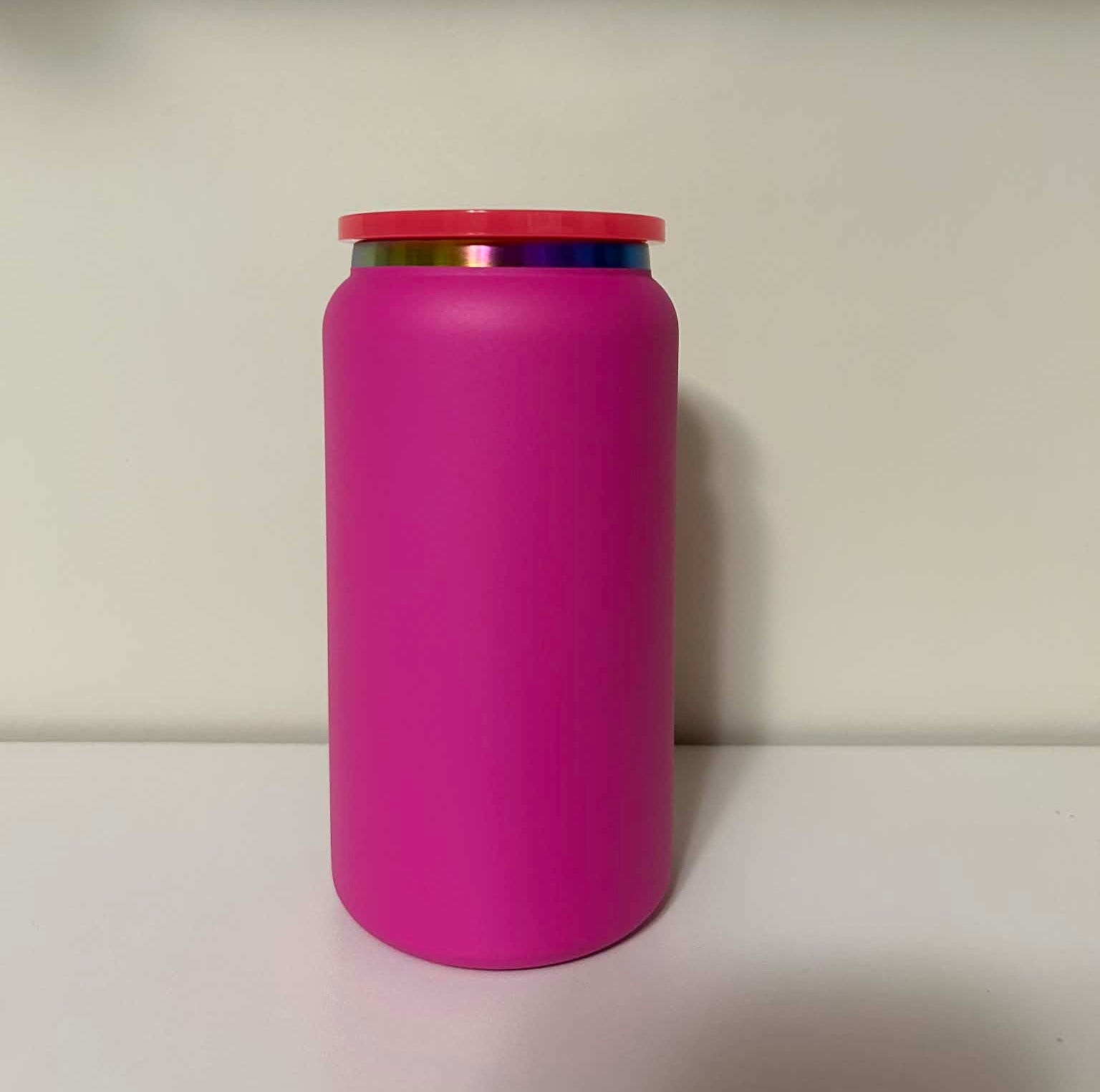 16oz Matt Barbie Pink Stainless Steel With Rainbow Plated Rim