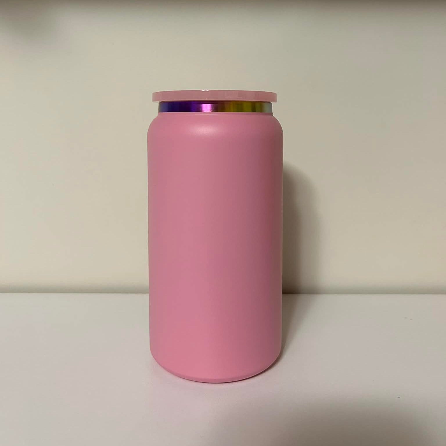 16oz Uv-dtf WrapMatt Baby Pink Stainless Steel With Rainbow Plated Rim